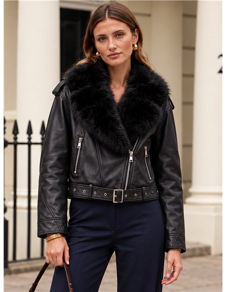 Chaqueta biker efecto piel con cuello de pelo
