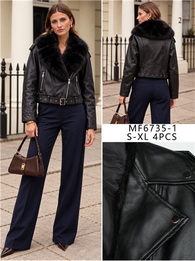 Chaqueta biker efecto piel con cuello de pelo 2