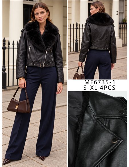 Chaqueta biker efecto piel con cuello de pelo