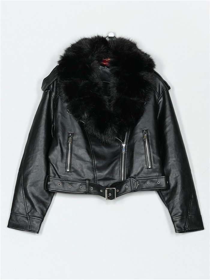 Chaqueta biker efecto piel con cuello de pelo