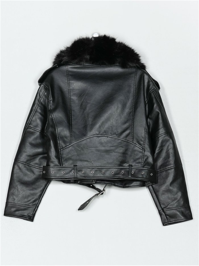 Chaqueta biker efecto piel con cuello de pelo