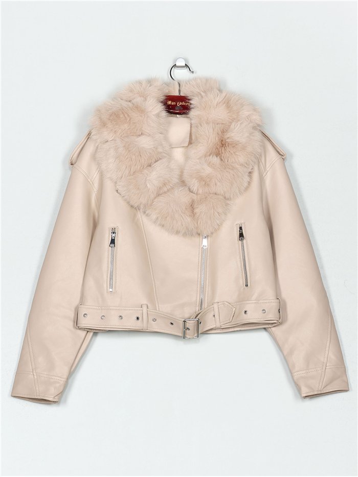 Chaqueta biker efecto piel con cuello de pelo