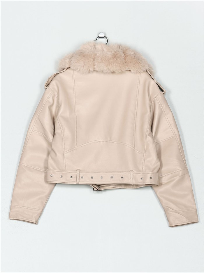 Chaqueta biker efecto piel con cuello de pelo