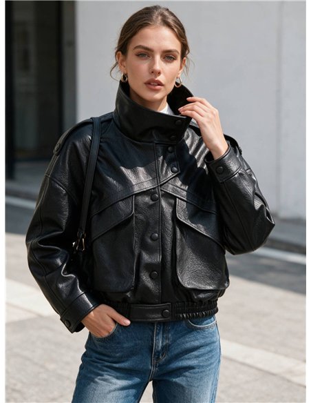 Chaqueta bomber efecto piel cuello alto