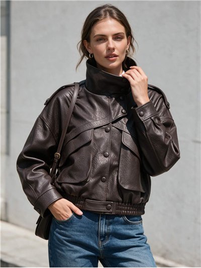 Chaqueta bomber efecto piel cuello alto