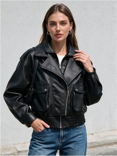 Chaqueta biker efecto piel con bolsillos