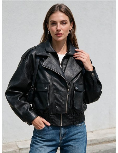 Chaqueta biker efecto piel con bolsillos