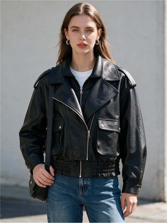 Chaqueta biker efecto piel con bolsillos