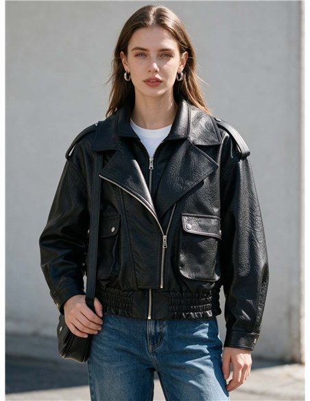 Chaqueta biker efecto piel con bolsillos
