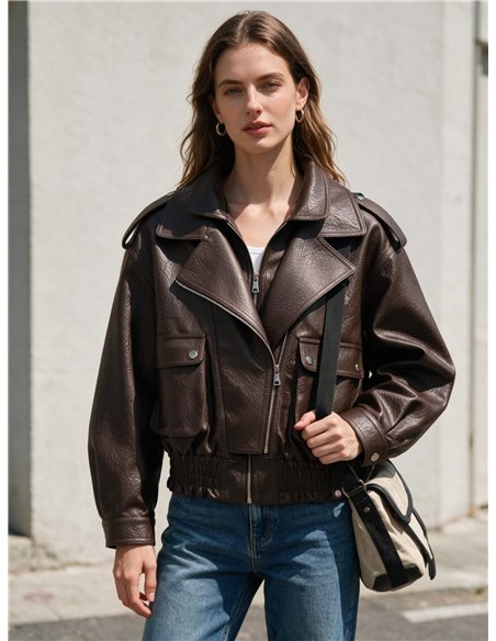 Chaqueta biker efecto piel con bolsillos