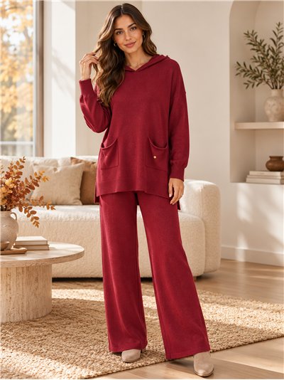 Hooded knit sweater and wide-leg trousers set