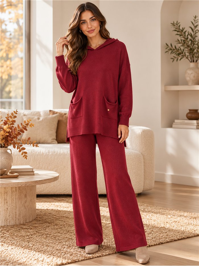 Hooded knit sweater and wide-leg trousers set