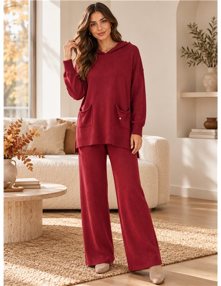 Hooded knit sweater and wide-leg trousers set