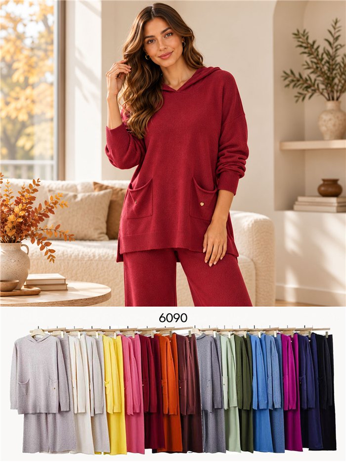 Hooded knit sweater and wide-leg trousers set