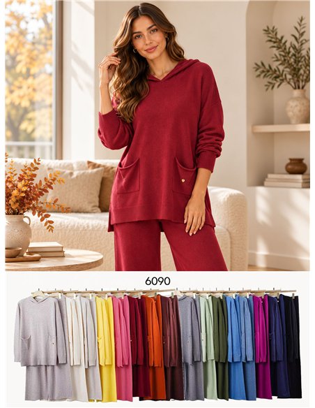 Hooded knit sweater and wide-leg trousers set