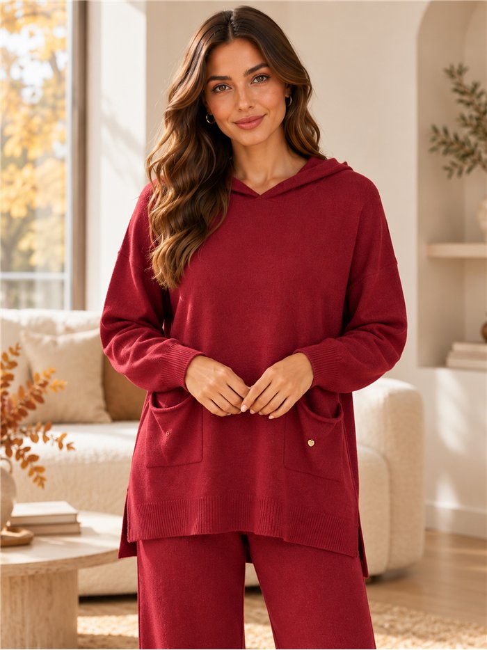 Hooded knit sweater and wide-leg trousers set