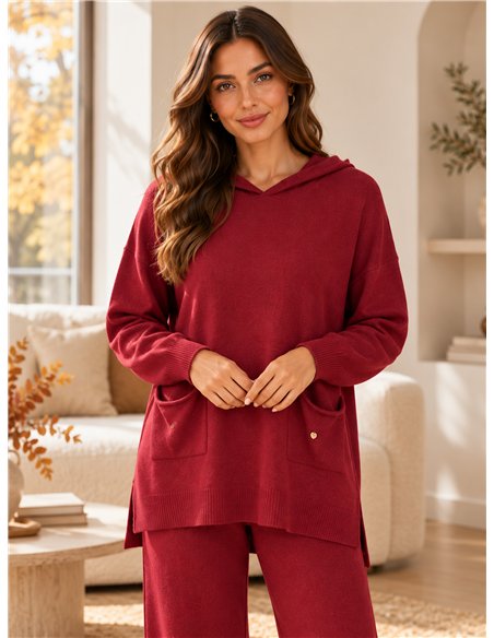 Hooded knit sweater and wide-leg trousers set