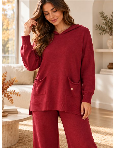 Hooded knit sweater and wide-leg trousers set