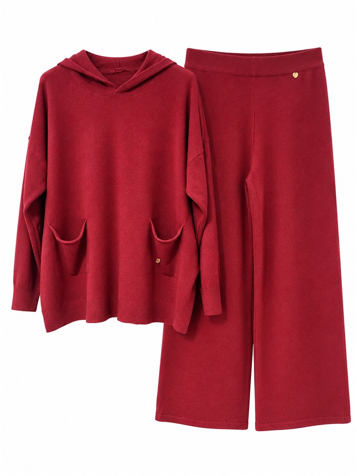 Hooded knit sweater and wide-leg trousers set