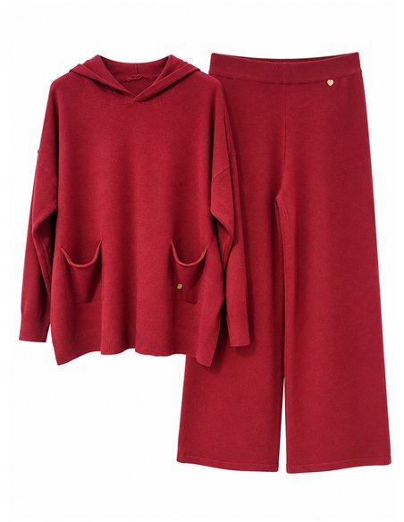 Hooded knit sweater and wide-leg trousers set