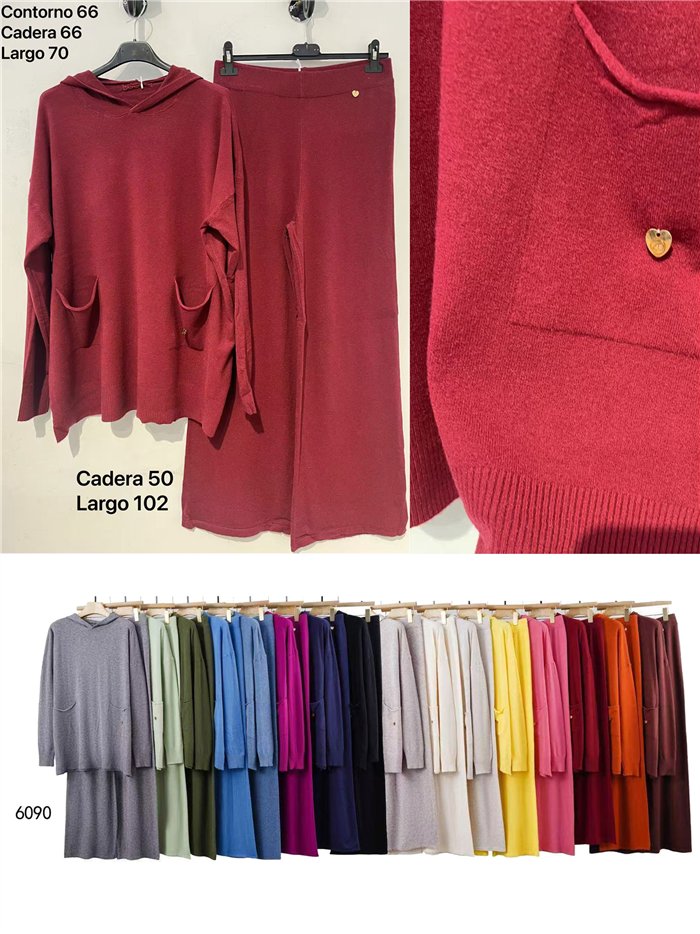 Hooded knit sweater and wide-leg trousers set