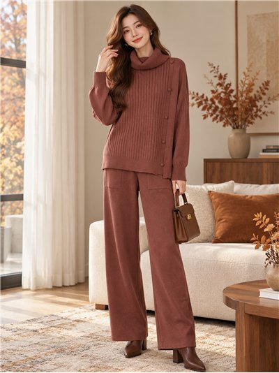Set aus geripptem Rollkragenpullover und weit geschnittener Hose