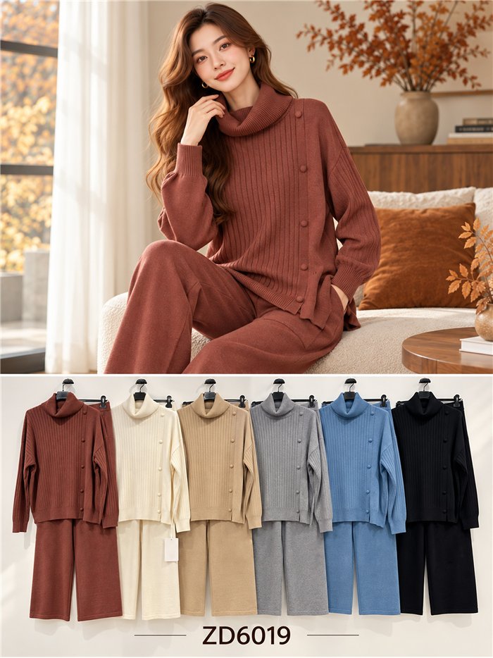 Set aus geripptem Rollkragenpullover und weit geschnittener Hose