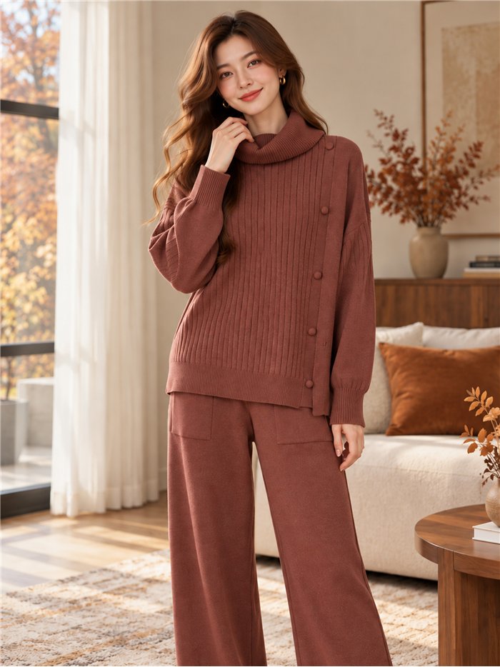 Set aus geripptem Rollkragenpullover und weit geschnittener Hose