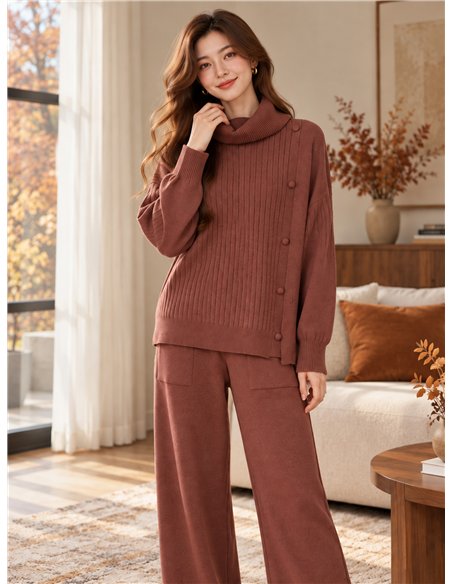 Set aus geripptem Rollkragenpullover und weit geschnittener Hose