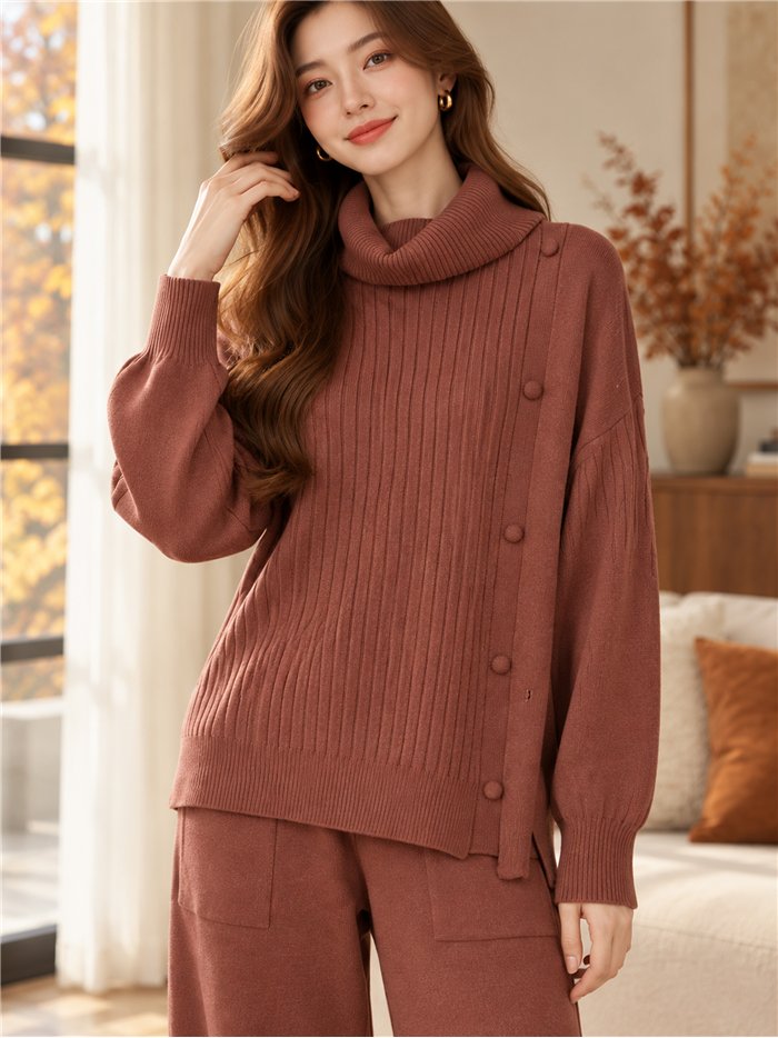 Set aus geripptem Rollkragenpullover und weit geschnittener Hose