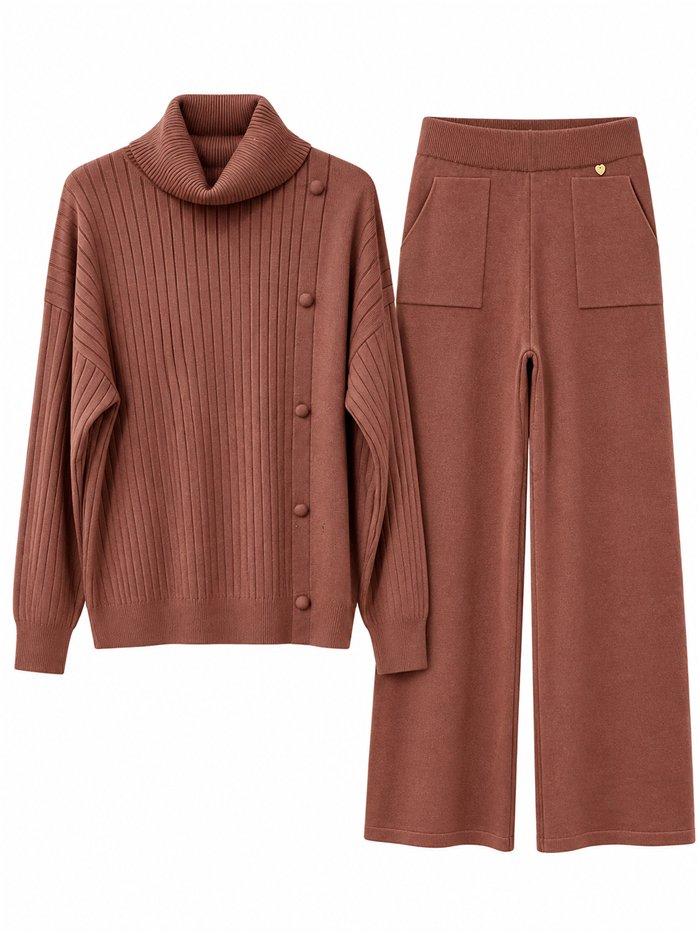 Set aus geripptem Rollkragenpullover und weit geschnittener Hose
