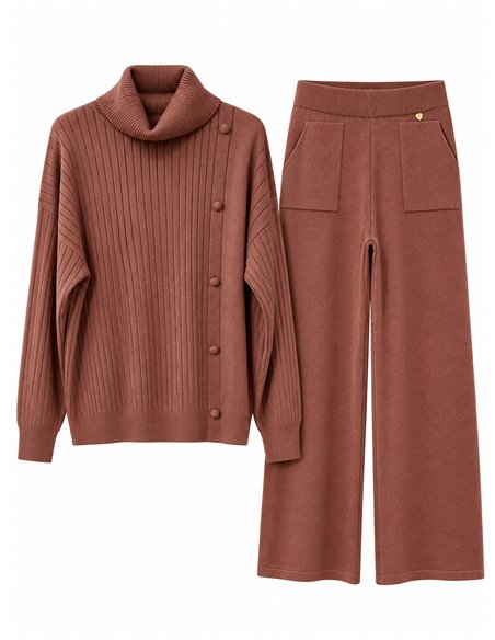 Set aus geripptem Rollkragenpullover und weit geschnittener Hose
