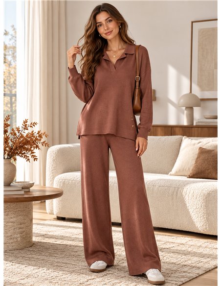 Conjunto jersey cuello polo y pantalón wide leg