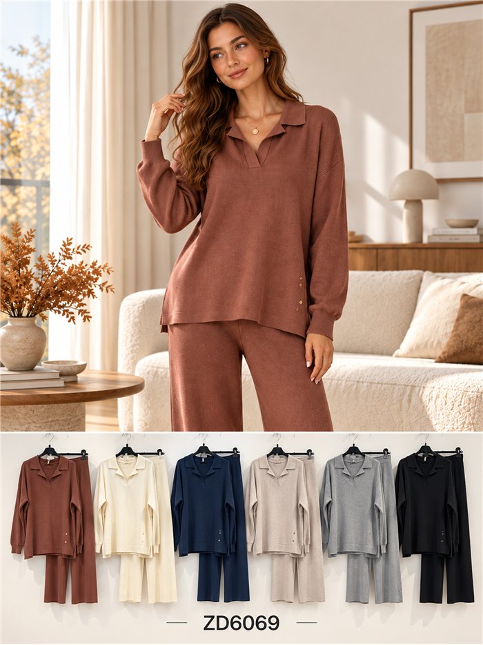 Conjunto jersey cuello polo y pantalón wide leg