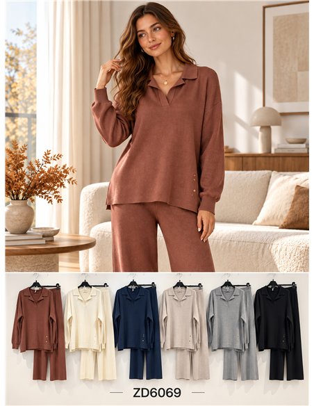 Conjunto jersey cuello polo y pantalón wide leg