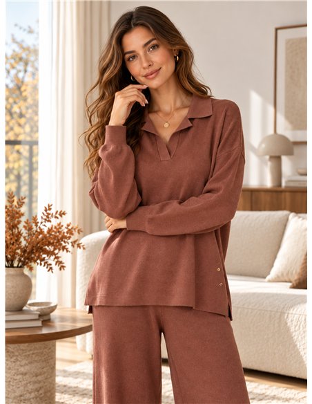 Conjunto jersey cuello polo y pantalón wide leg