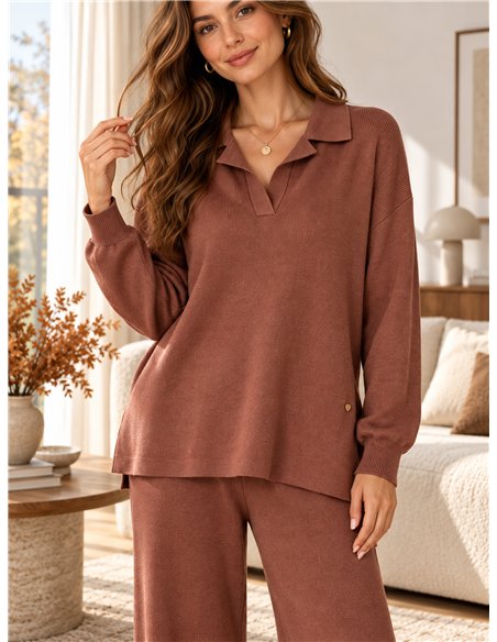 Conjunto jersey cuello polo y pantalón wide leg