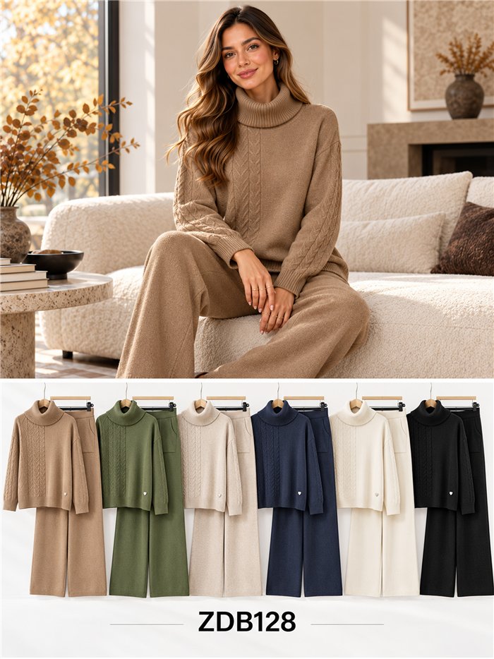ensemble pull à col roulé en maille torsadée et pantalon large