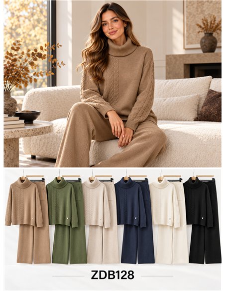 ensemble pull à col roulé en maille torsadée et pantalon large
