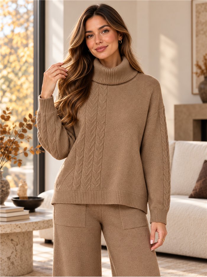 ensemble pull à col roulé en maille torsadée et pantalon large