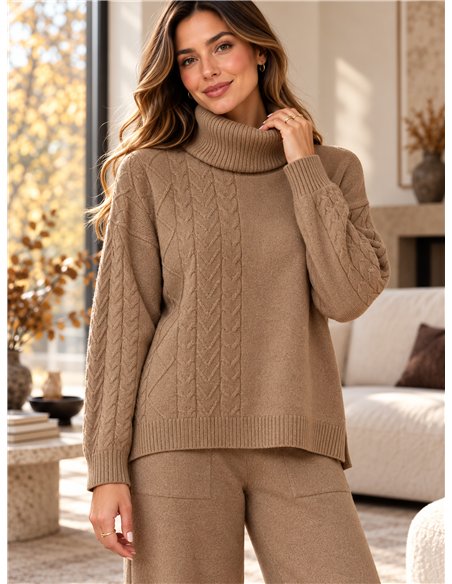 ensemble pull à col roulé en maille torsadée et pantalon large