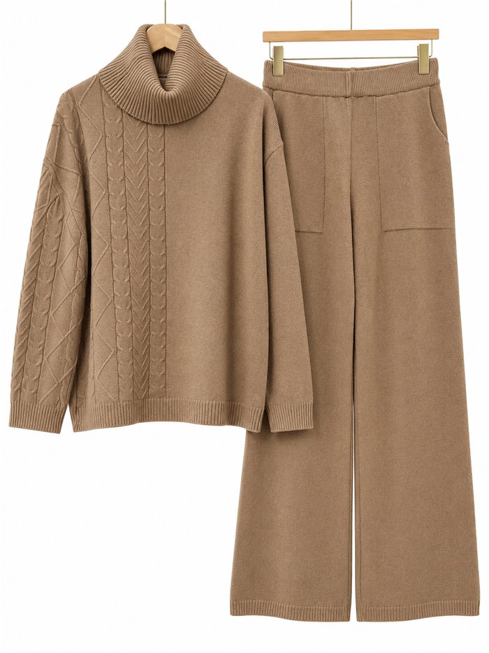 ensemble pull à col roulé en maille torsadée et pantalon large