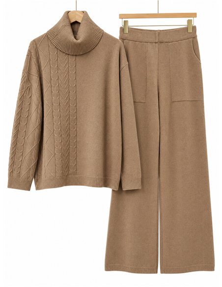 ensemble pull à col roulé en maille torsadée et pantalon large