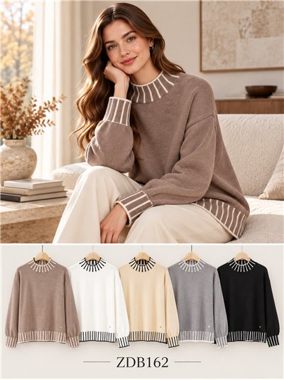Kontrastfarbener Rollkragenpullover 2