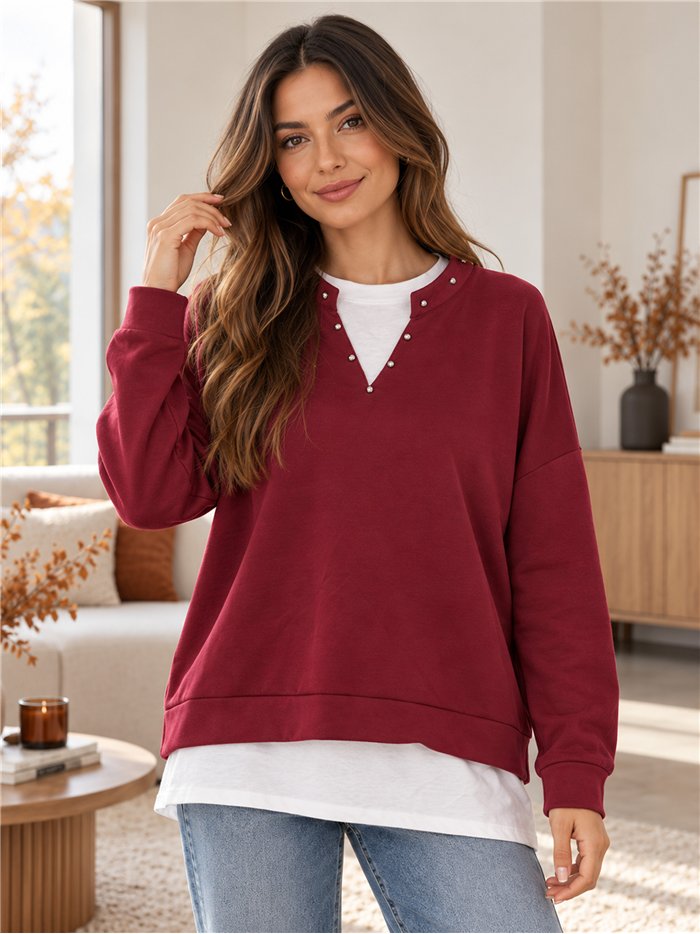 Sudadera efecto camisa con tachuelas