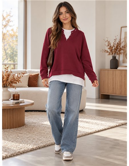 Sudadera efecto camisa con tachuelas