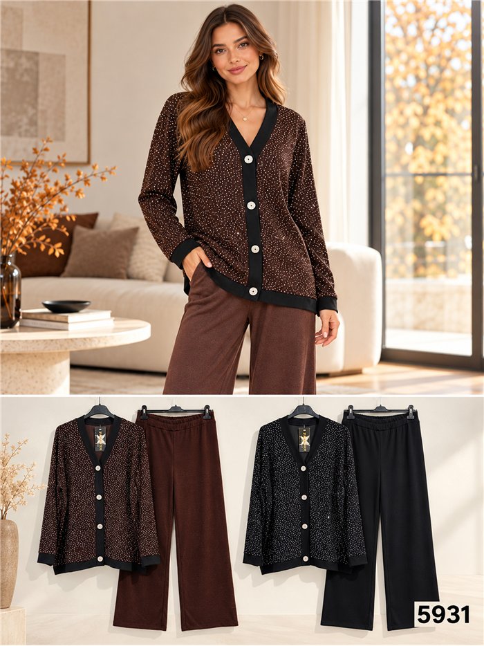 Oversized sparkle rhinestone cardigan and trousers set
