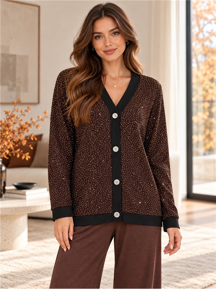 Oversized sparkle rhinestone cardigan and trousers set