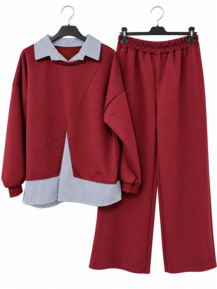 Ensemble sweat-shirt oversize à effet chemise et pantalon à jambes larges
