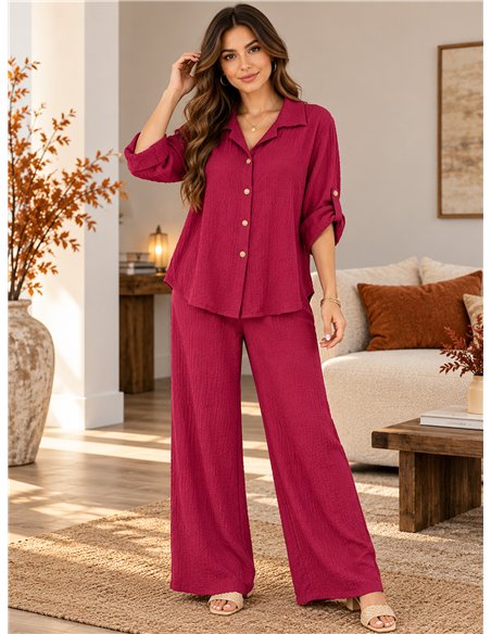 Oversized crinkle texture shirt and wide-leg trousers set